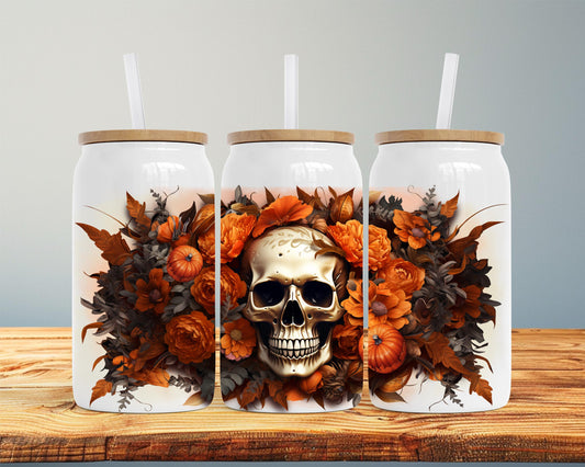 Fall Floral Skull Design, Insulated Steel Soda Can with Bamboo Lid, 16oz Cup, Skull Lover Gift