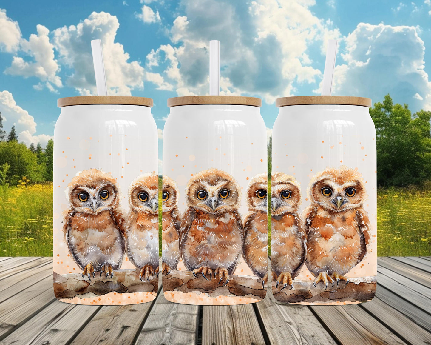 Eco-Friendly 16oz Stainless Steel Can with Bamboo Lid, Five Owls Watercolor Art