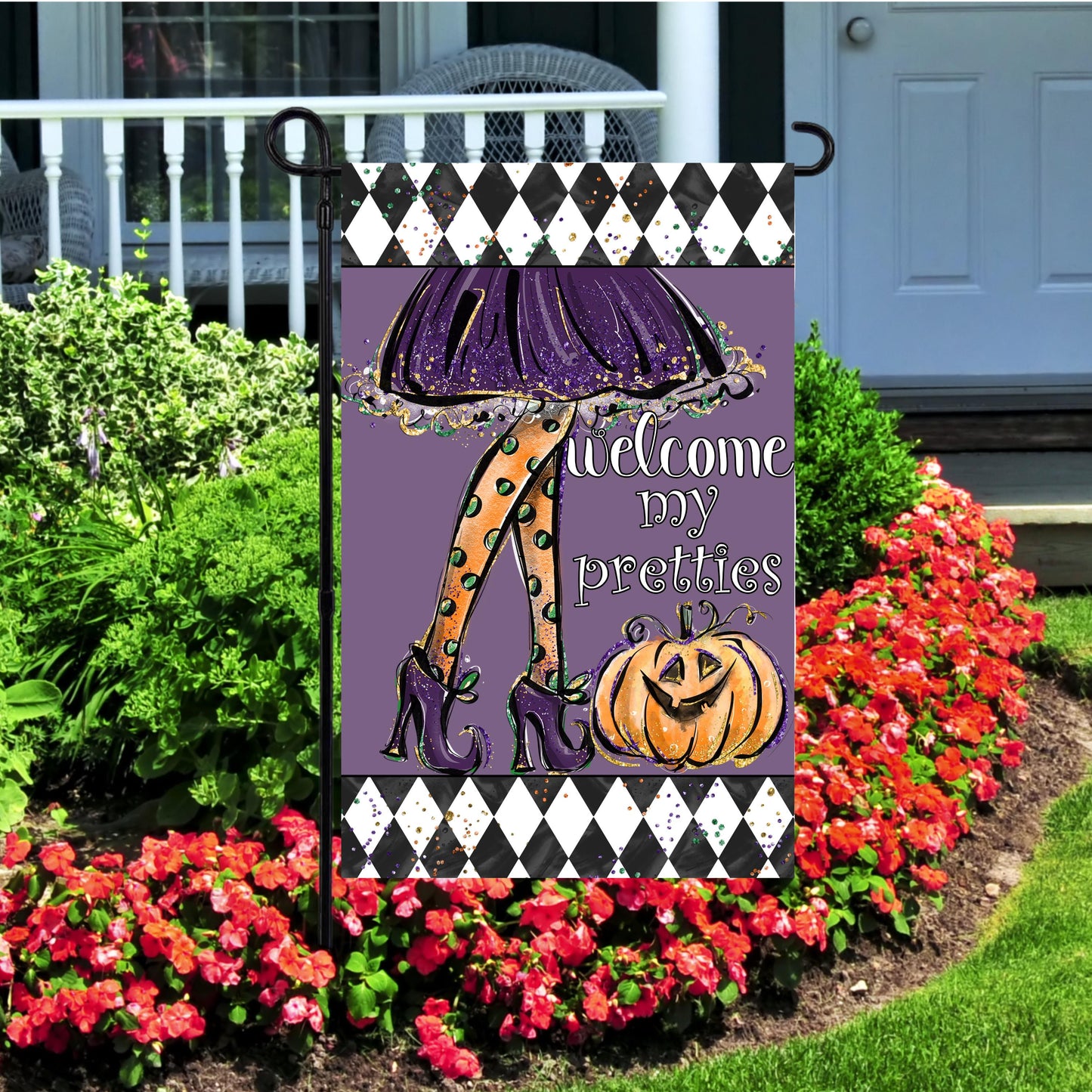 Double-Sided Halloween Garden Flag - 12x18 Inch Witch Legs Welcome My Pretties