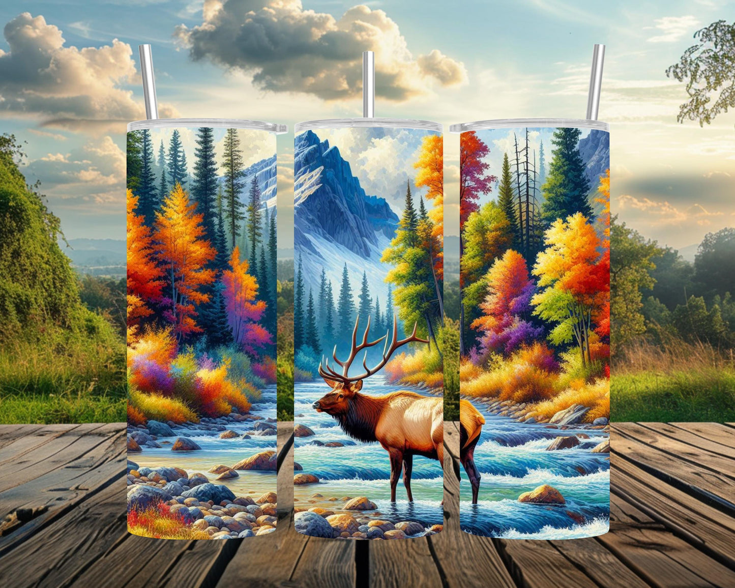 Elk Tumbler - 20oz or 30oz Colorful Fall Mountain River Scene Perfect Gift for Wildlife Enthusiasts