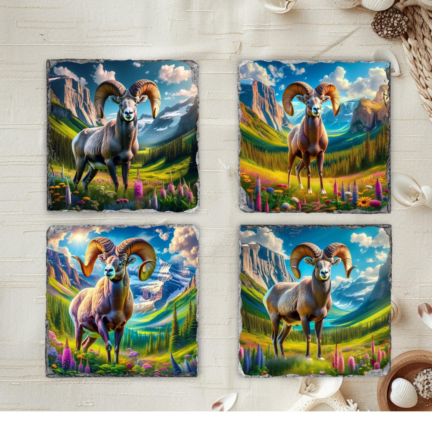 Slate Coaster Set Featuring Big Horn Sheep Mountain Valley and Wildflowers with Black Rack - Ideal Nature Gift