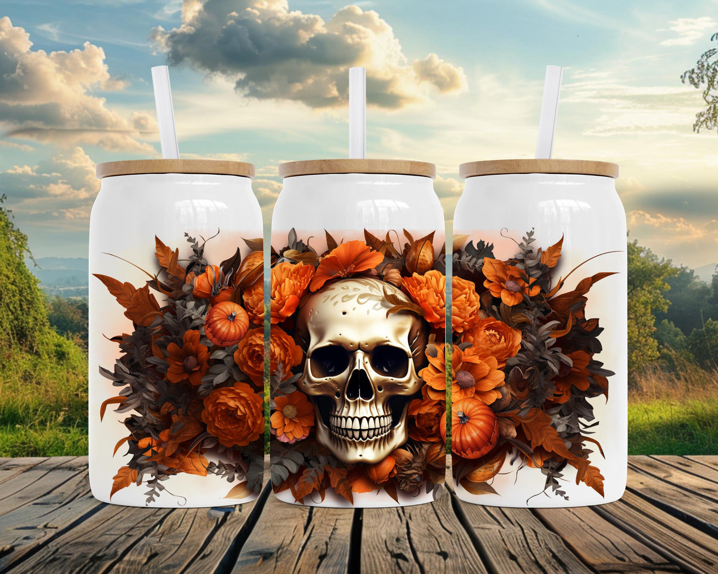 Fall Floral Skull Design, Insulated Steel Soda Can with Bamboo Lid, 16oz Cup, Skull Lover Gift