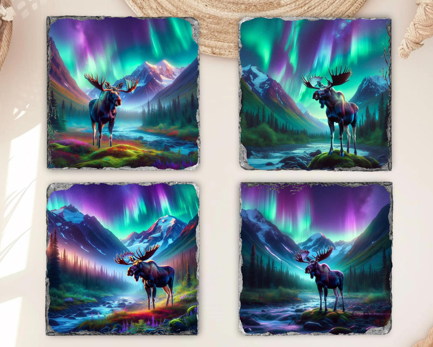 Rustic Slate Coaster Set with Moose Design - Ideal Cabin Gift for Nature Enthusiasts