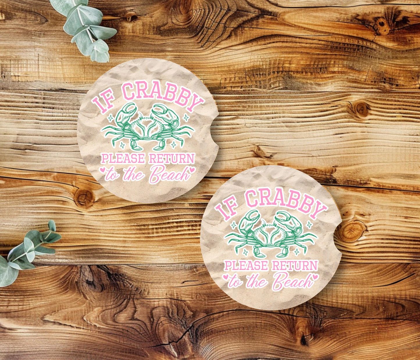 Sandstone Car Coasters with Crab Quote - Beach-Themed Cup Holder Accessories