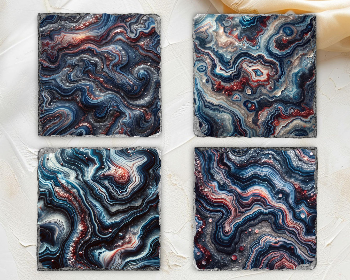 Agate Pattern Slate Coaster Set with Unique Fractured Edges - Nature-Inspired Stone Coasters Perfect Gift for Him