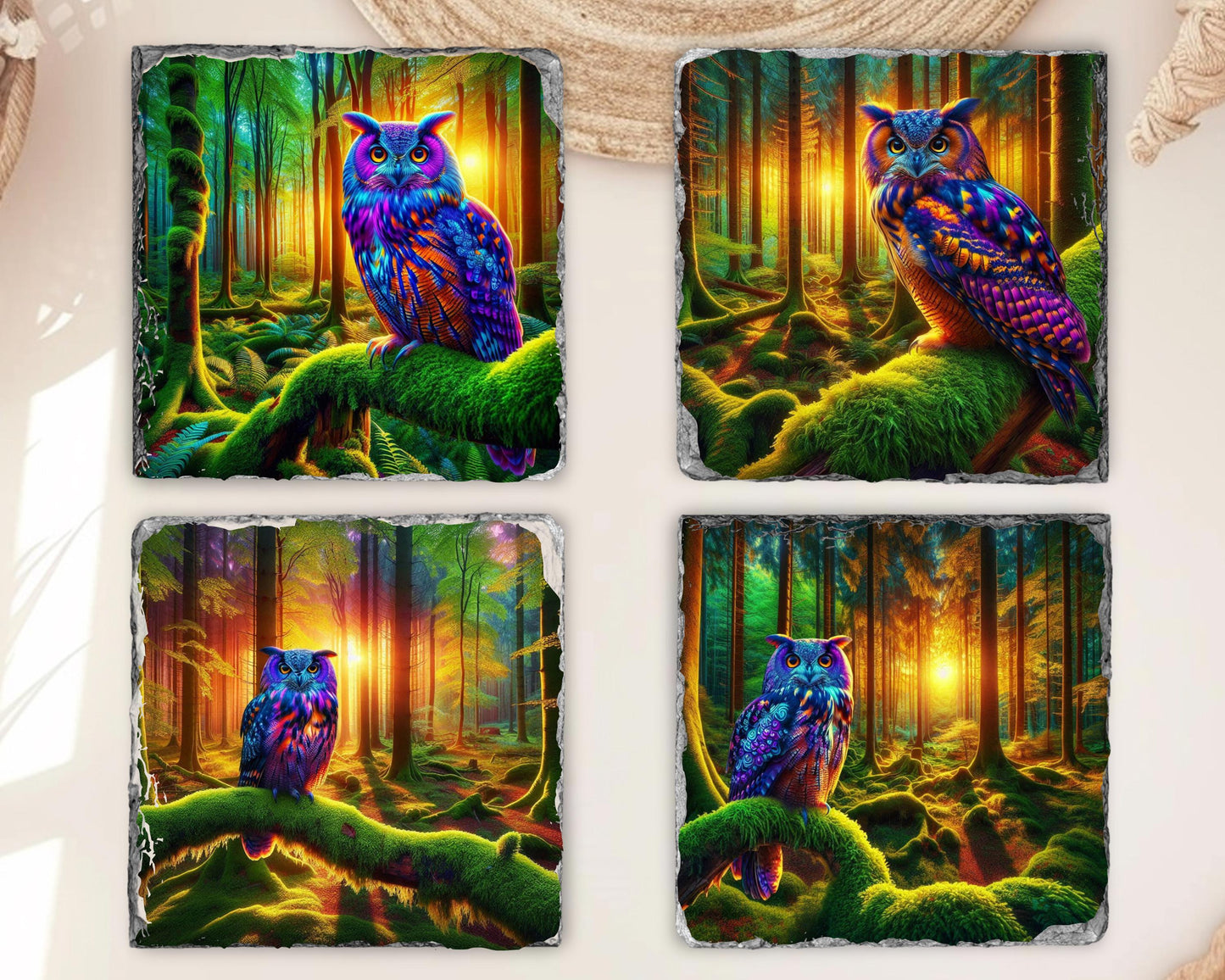 Owl Slate Coaster Set with Rack - Ideal Gift for Owl Enthusiasts