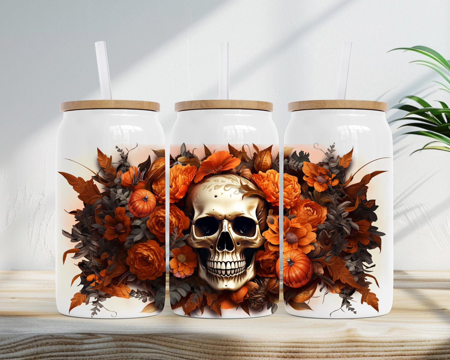 Fall Floral Skull Design, Insulated Steel Soda Can with Bamboo Lid, 16oz Cup, Skull Lover Gift