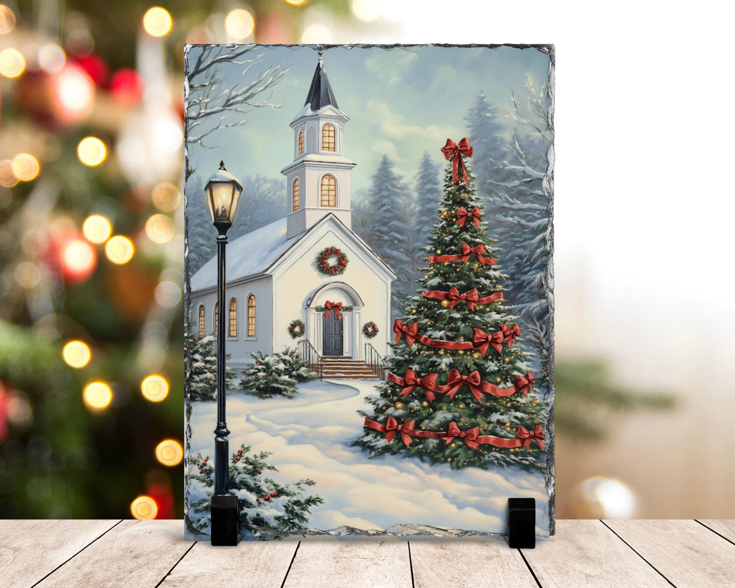 Vintage Slate Christmas Art with Red Bows Snowy Landscape