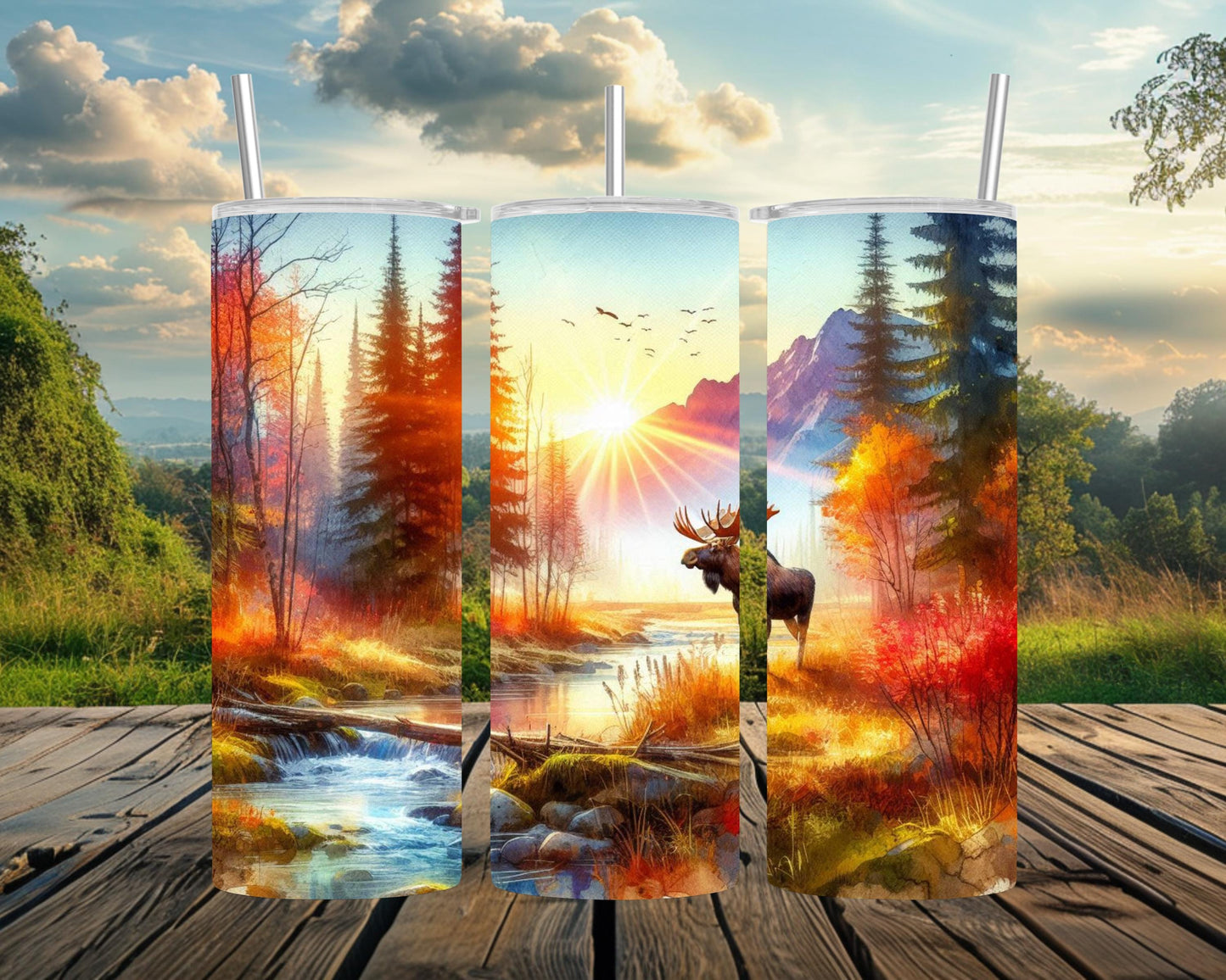 Moose Tumbler - Rustic Autumn Travel Cup with Mountain Sunset Scene for Nature Lovers