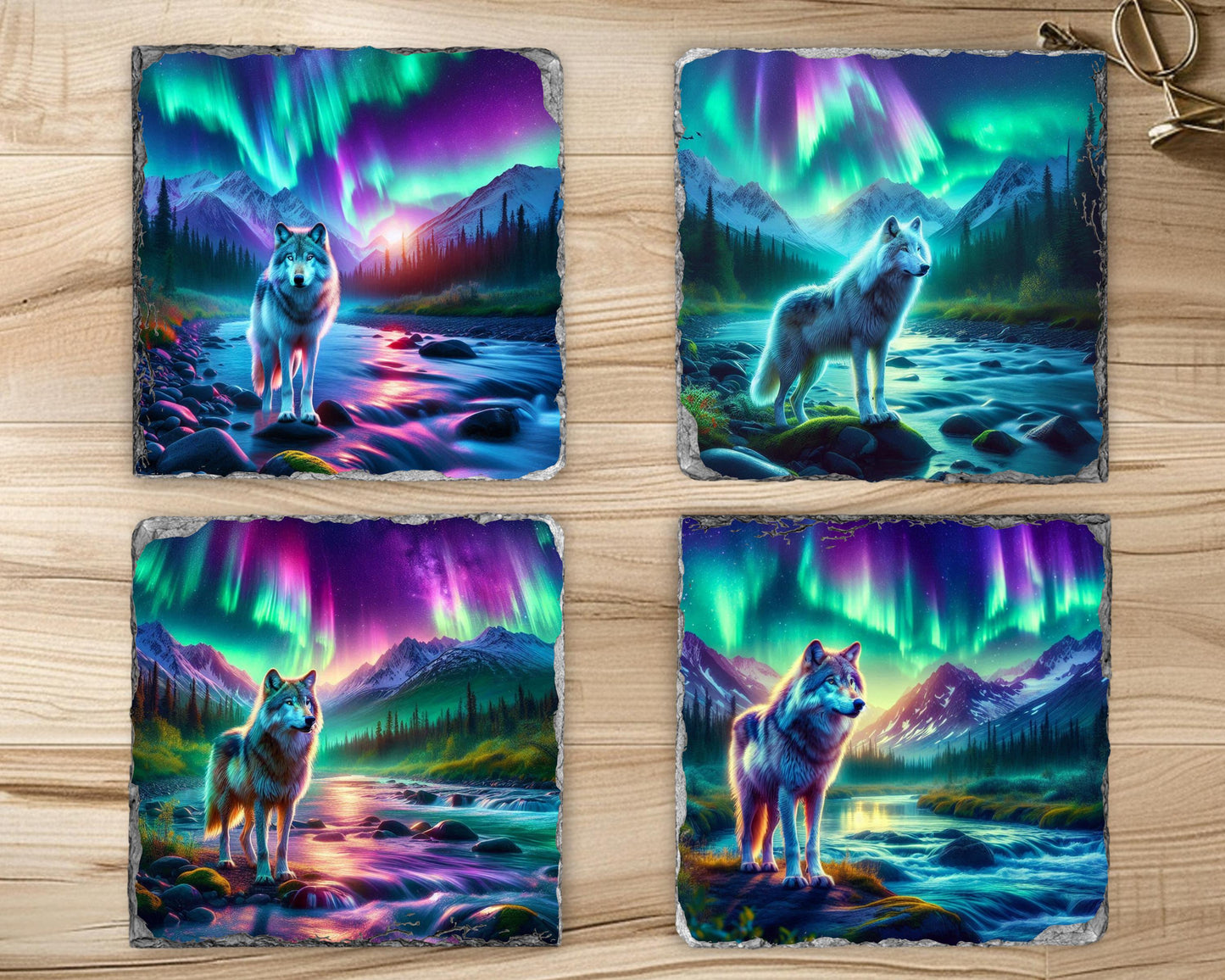 Northern Lights Wolf Slate Coaster Set - Rustic Cabin Decor Gift