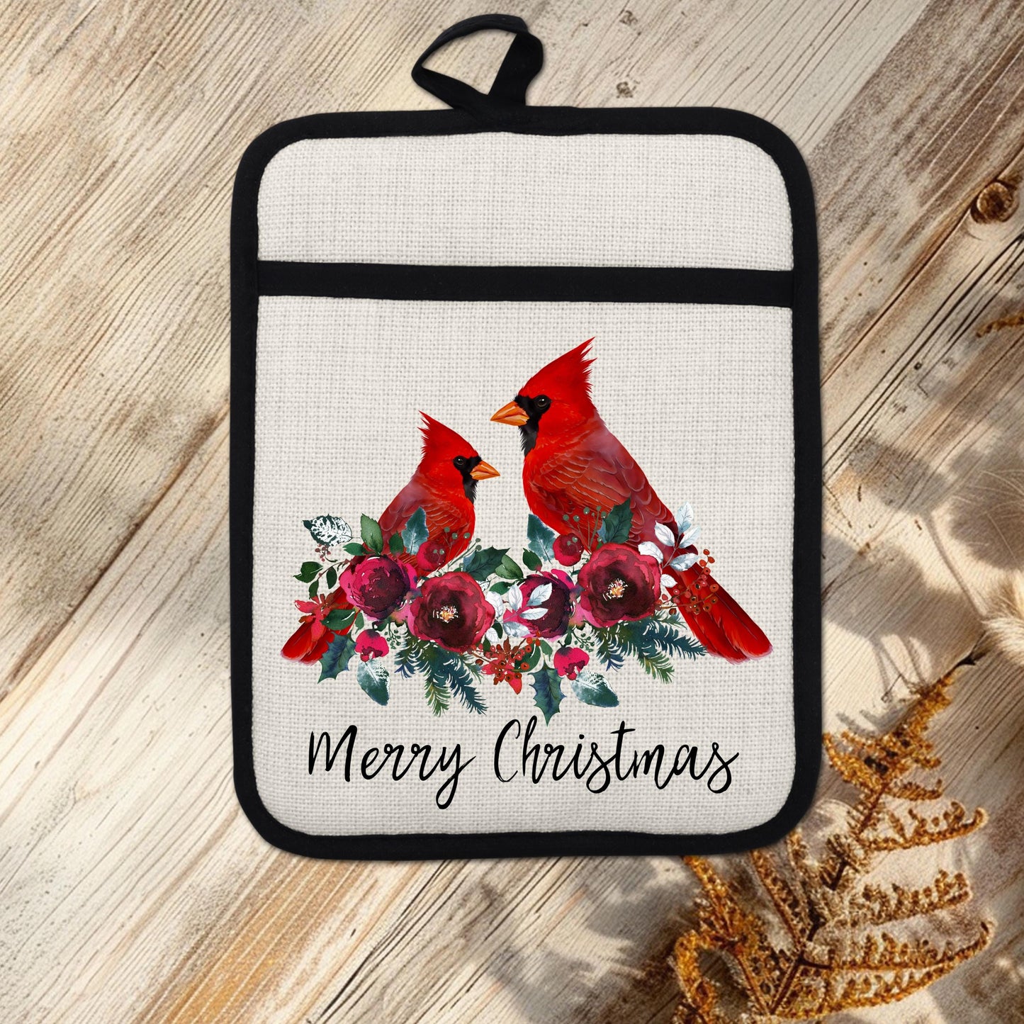 Christmas Cardinal Pot Holder with Two Red Birds on Floral Border - Linen Hot Pad for Holiday Gifting