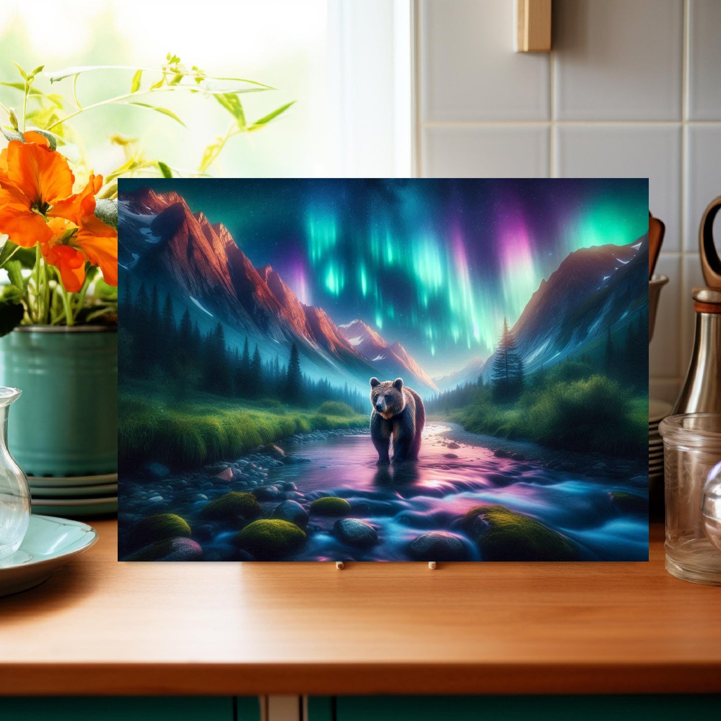 Vibrant Northern Lights Bear River Tempered Glass Cutting Board, Hostess Housewarming Gift, Bear Lover Gift, Kitchen Decor for Mom, New Home