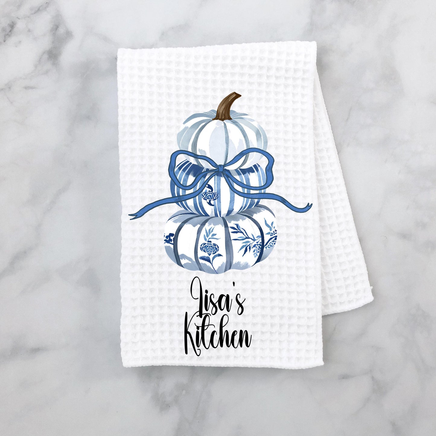 Personalized Blue Pumpkin Topiary Towel, 16x24" Waffle Weave Microfiber with Bow, Chinoiserie Fall Pumpkins