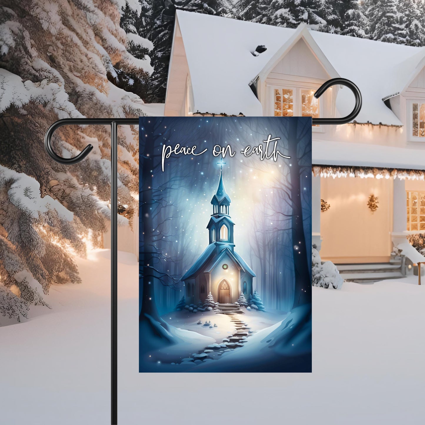 Garden Flag - Vintage Church Winter Scene 12x18 Inch Peace On Earth Design