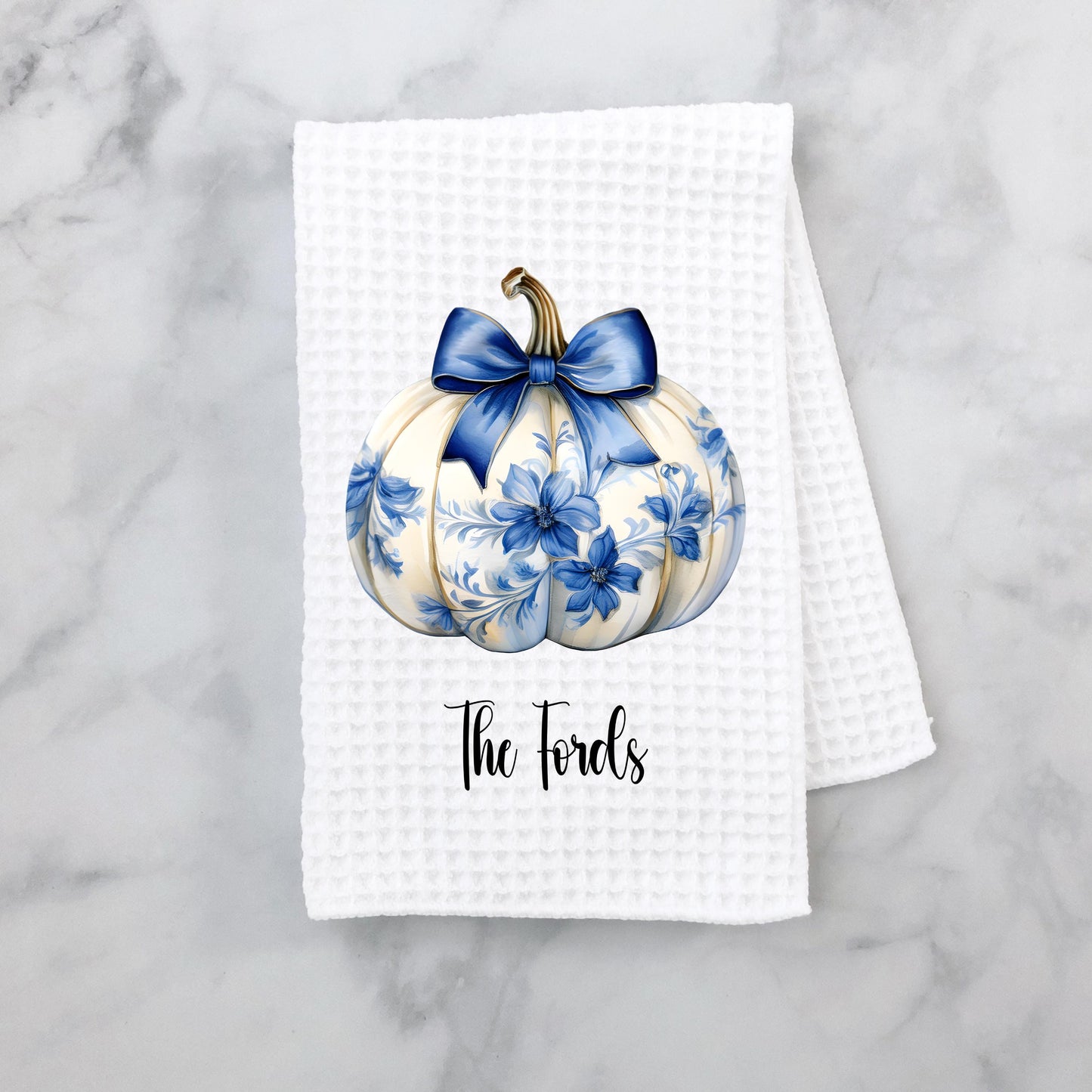Custom Name Waffle Weave Towel, Chinoiserie Coquette Pumpkin & Blue Bow