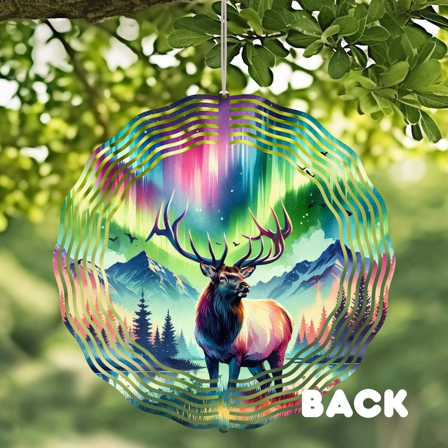 Elk Wind Spinner - 10x10 Double-Sided Outdoor Art with Watercolor Northern Lights Design