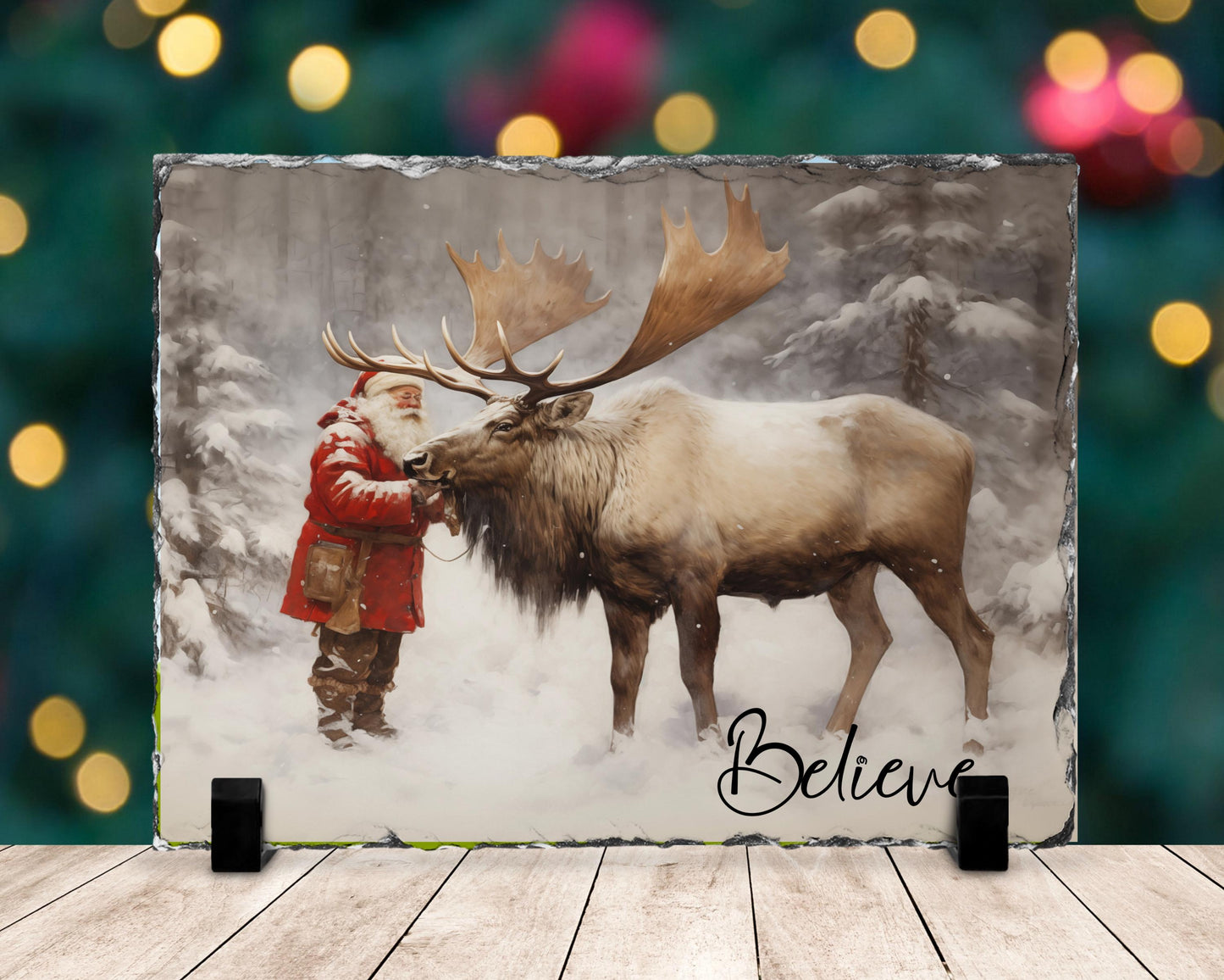 Believe Quote Slate Plaque with Santa Reindeer - Fractured Edge Christmas Decor