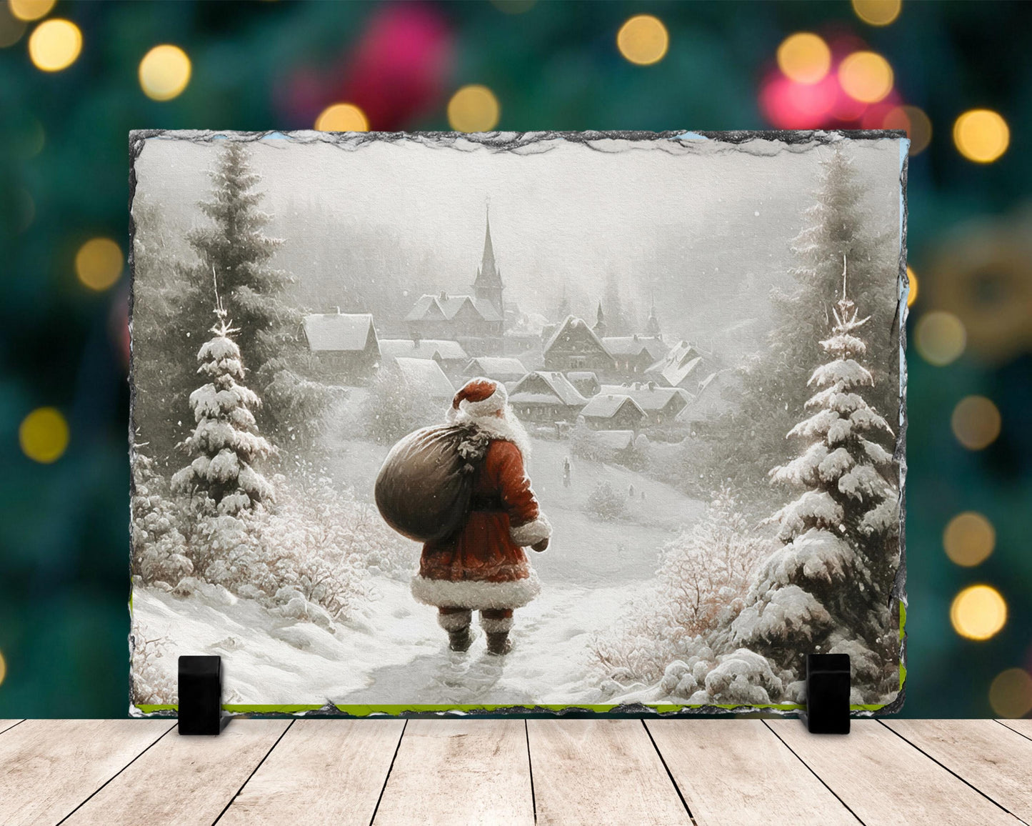 Vintage Village Santa Slate, Snowy Path Christmas Scene, Gift for Santa Lovers