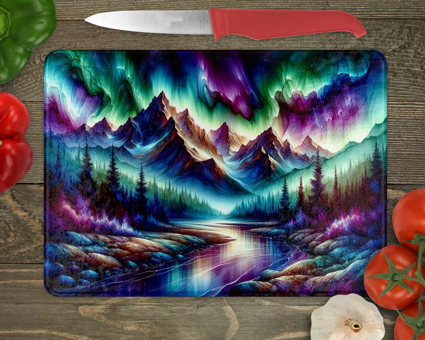 Mountain Northern Lights Glass Cutting Board - Unique Hostess Gift for Outdoor Lovers Perfect for Housewarming Charcuterie or Challah