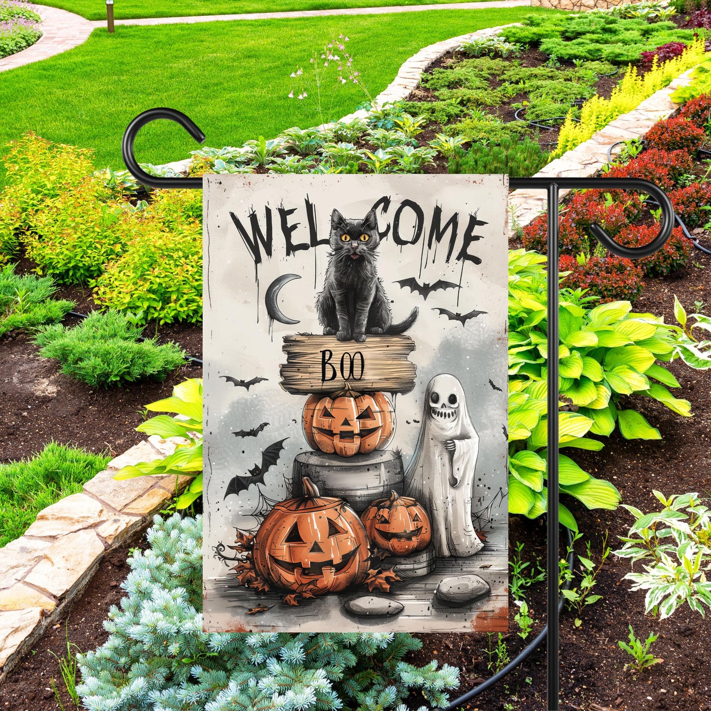 Spooky Halloween Garden Flag - Black Cat Ghosts Bats Design 12x18 Inch Outdoor Decor