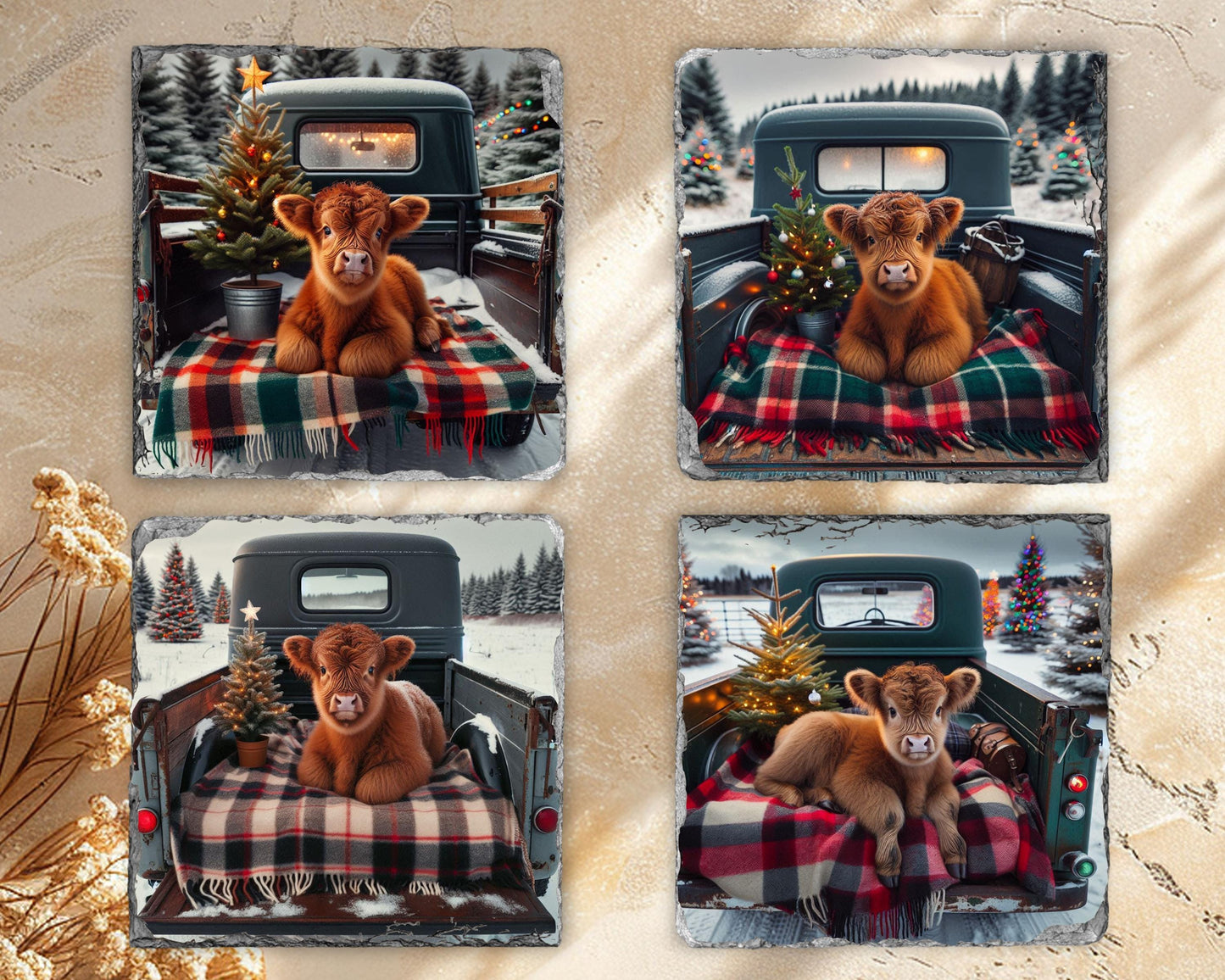 Highland Cow Christmas Coaster Set with Rack - Rustic Slate Coasters Featuring Baby Cow in Truck Perfect for Farmhouse Decor