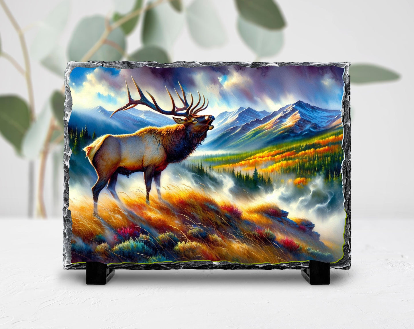 Bugling Elk Slate Plaque - Fall Morning Fog Mountain Valley Wildlife Art for Rustic Cabin Decor