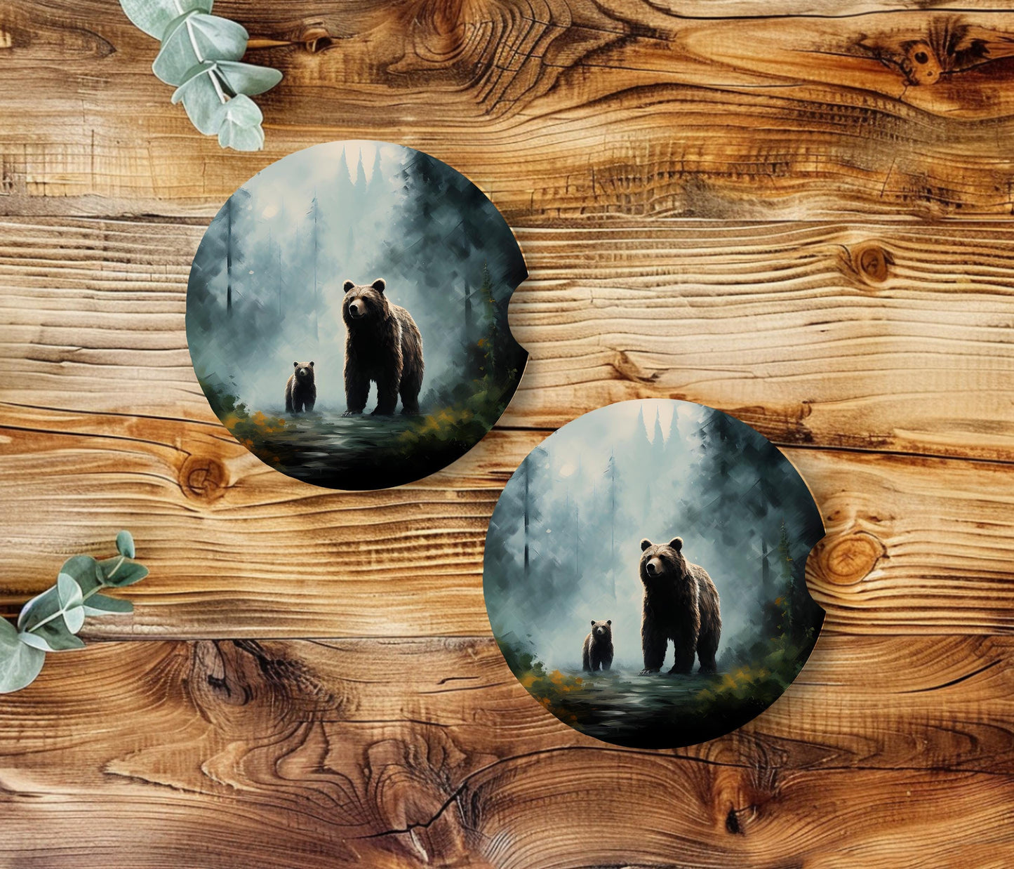 Bear & Cub Ceramic Car Coaster, Nature Inspired Unique Gift, Set Options