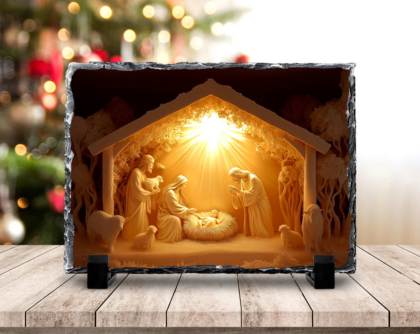 3D Glow Nativity Scene Slatestone Decor with Fractured Edges Unique Religious Home Accent for Christmas Gifts