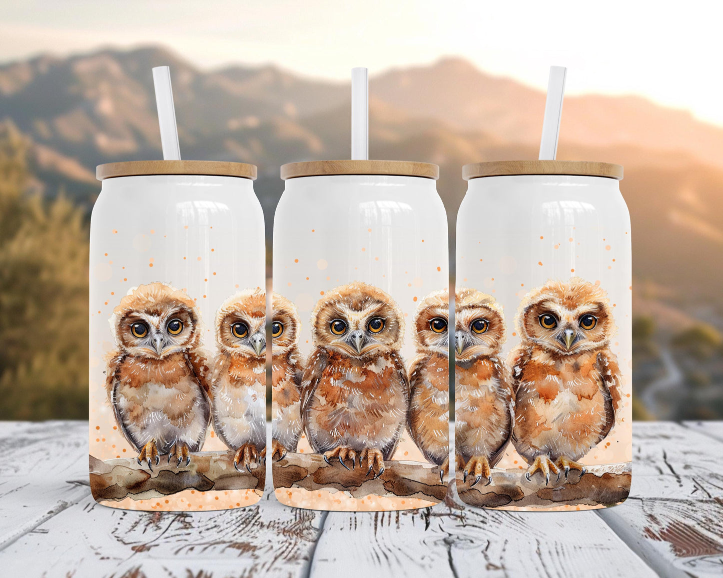 Eco-Friendly 16oz Stainless Steel Can with Bamboo Lid, Five Owls Watercolor Art