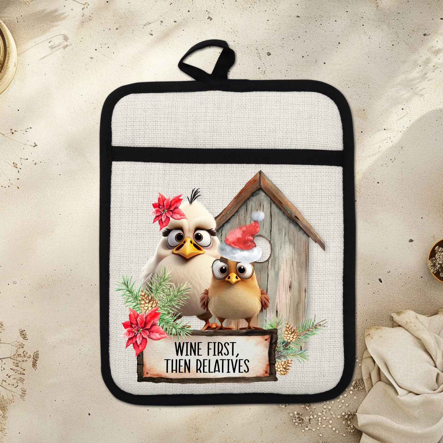 Funny Chicken Christmas Pot Holder with Wine First Then Relatives Quote - Rustic Linen Hot Pad Holiday Gift