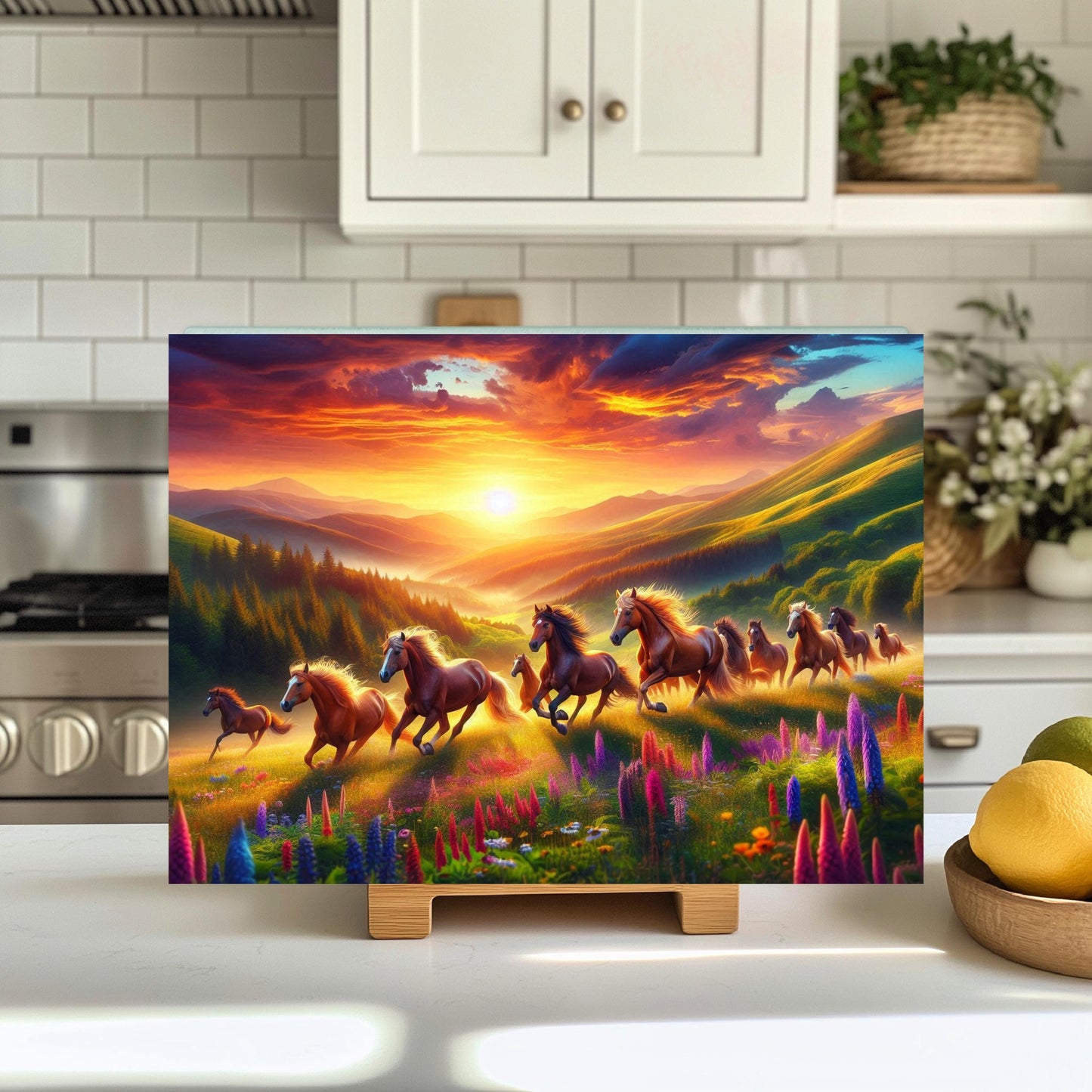 Wild Horse Sunset Cutting Board - Rustic Kitchen Decor for Horse Lovers Mountain Valley Design with Wildflowers