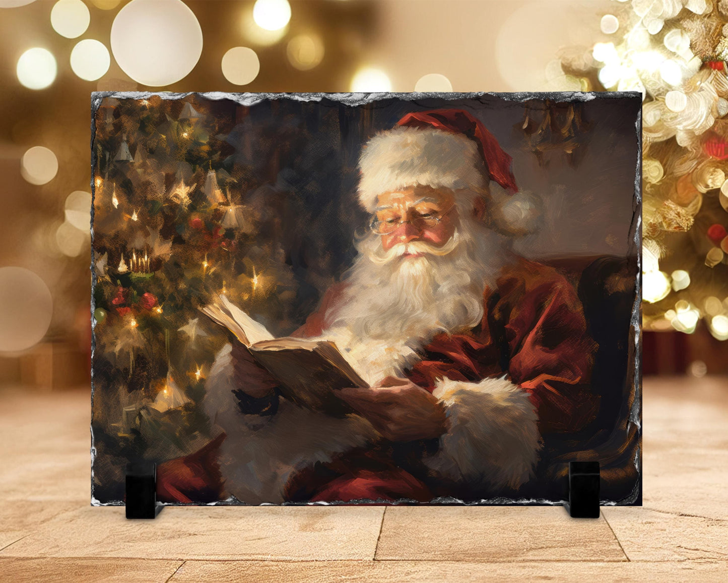 Watercolor Santa Slate Plaque - Holiday Decor with Fractured Edge Christmas Tree Reading Scene