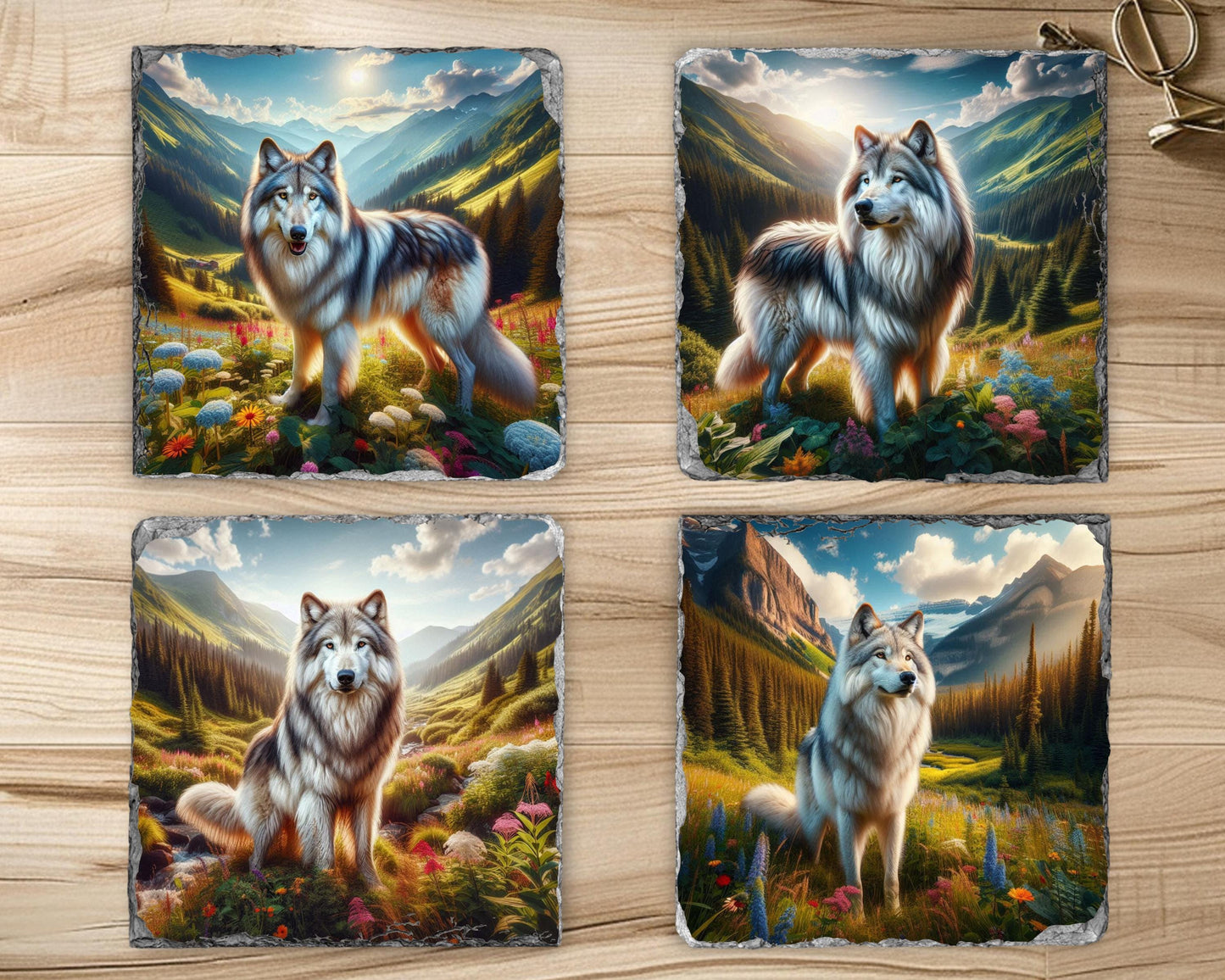 Artistic Wolf Mountain Slate Coaster Set Ideal Gift for Wildlife Lovers and Housewarmings