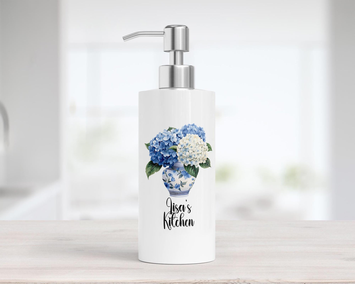 Personalized Hydrangea Soap Dispenser - Custom Chinoiserie Lotion Pump for Kitchen Decor Blue Preppy Gift