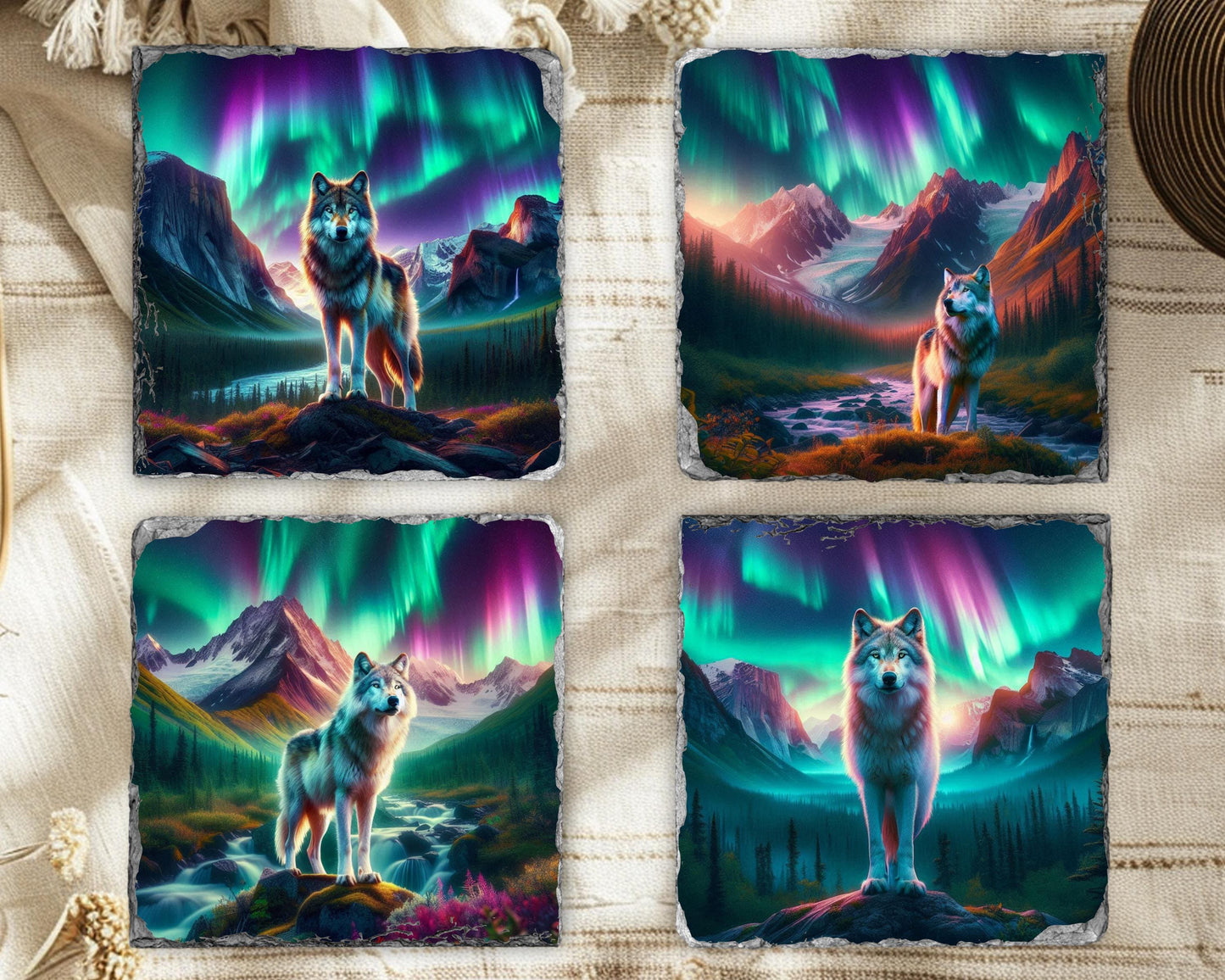 Wolf Northern Lights Rustic Slate Coaster Set with Rack