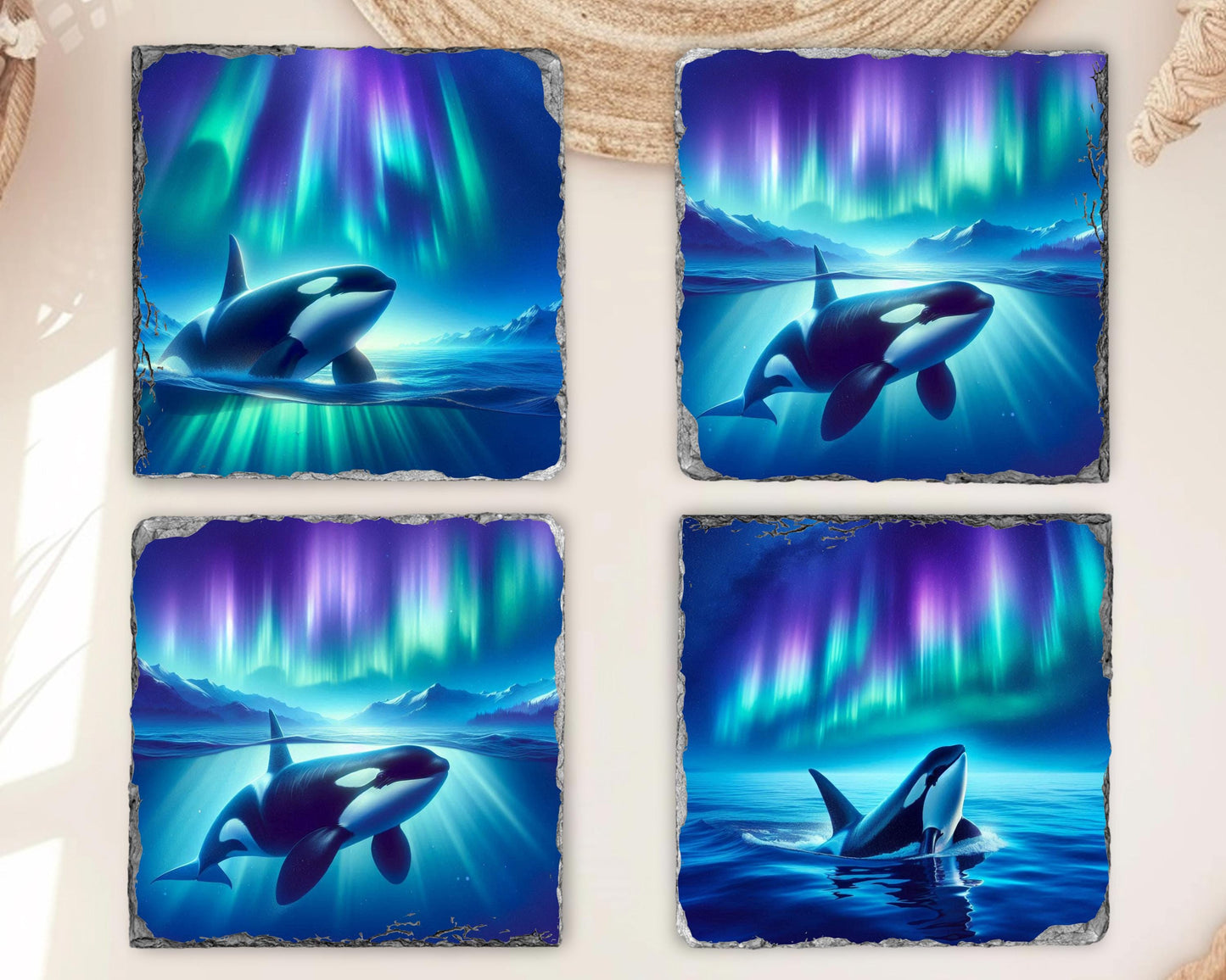 Ocean Orca Coasters Set of 4 Unique Northern Lights Decor for Whale Lovers