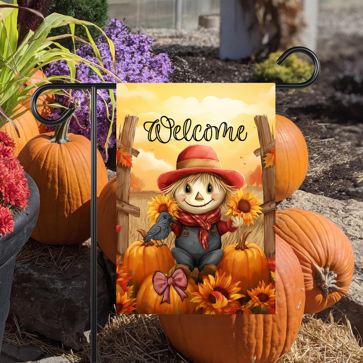Double-Sided Garden Flag Featuring Scarecrow Pumpkins Sunflowers and Autumn Sunset