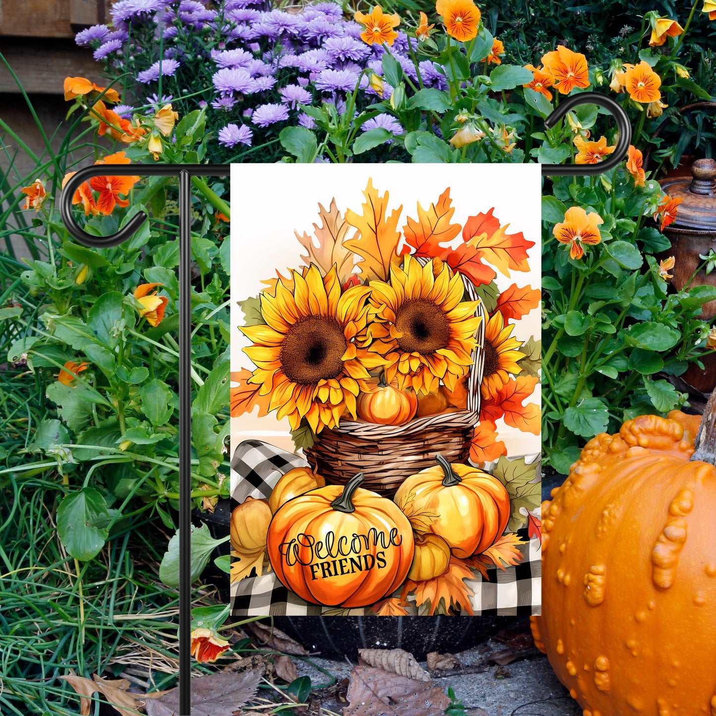 Double-Sided Sunflower Garden Flag 12x18 Inch Pumpkins Welcome Friends for Fall Decor