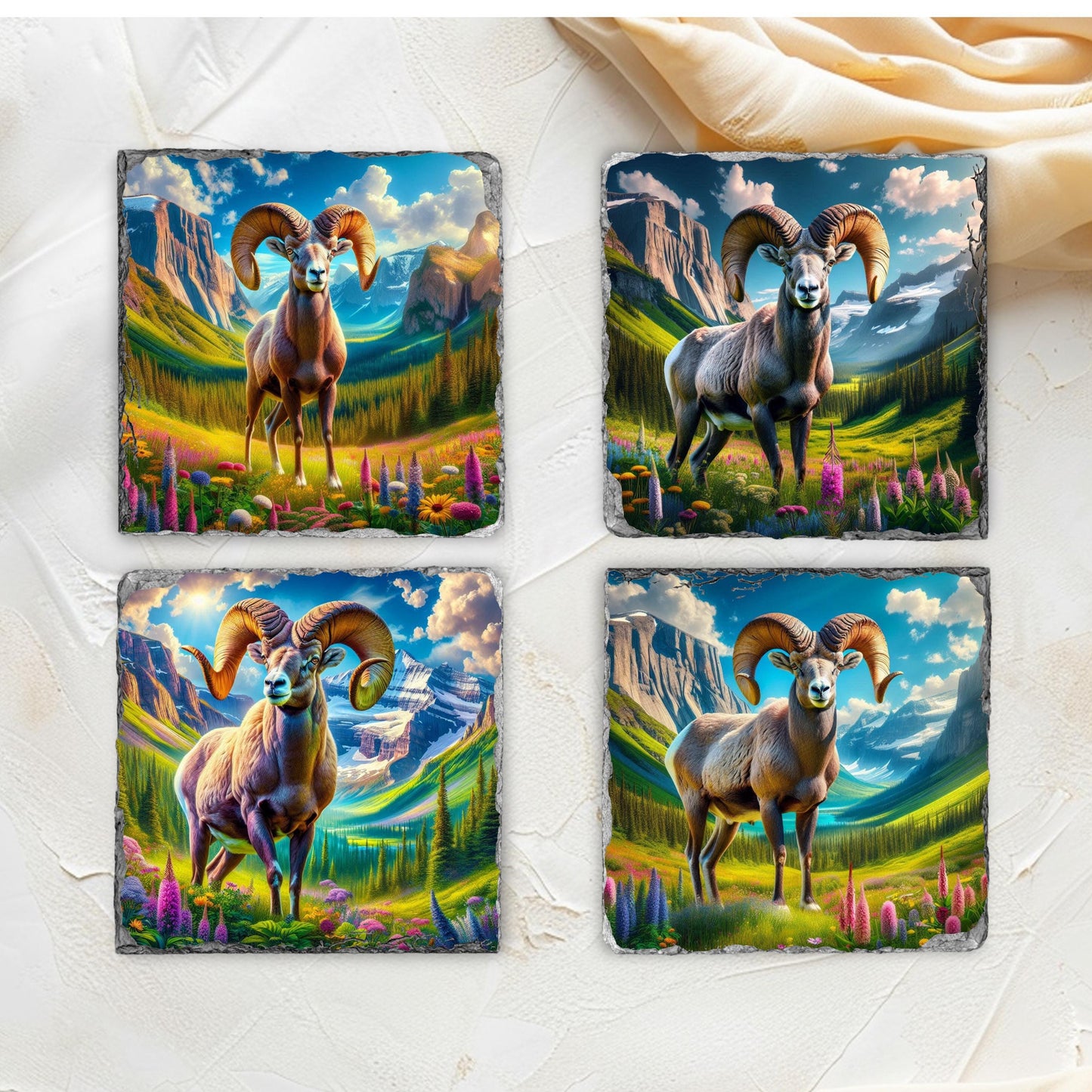 Slate Coaster Set Featuring Big Horn Sheep Mountain Valley and Wildflowers with Black Rack - Ideal Nature Gift