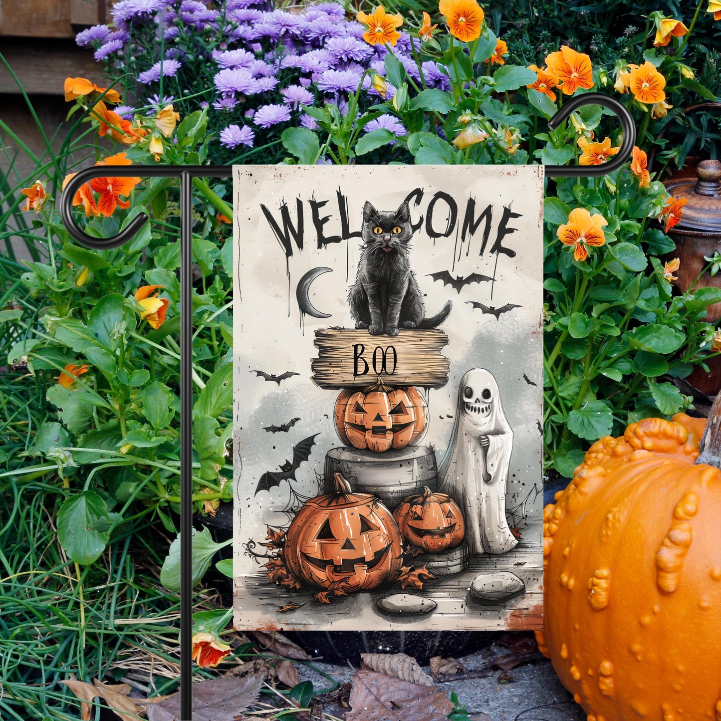 Spooky Halloween Garden Flag - Black Cat Ghosts Bats Design 12x18 Inch Outdoor Decor
