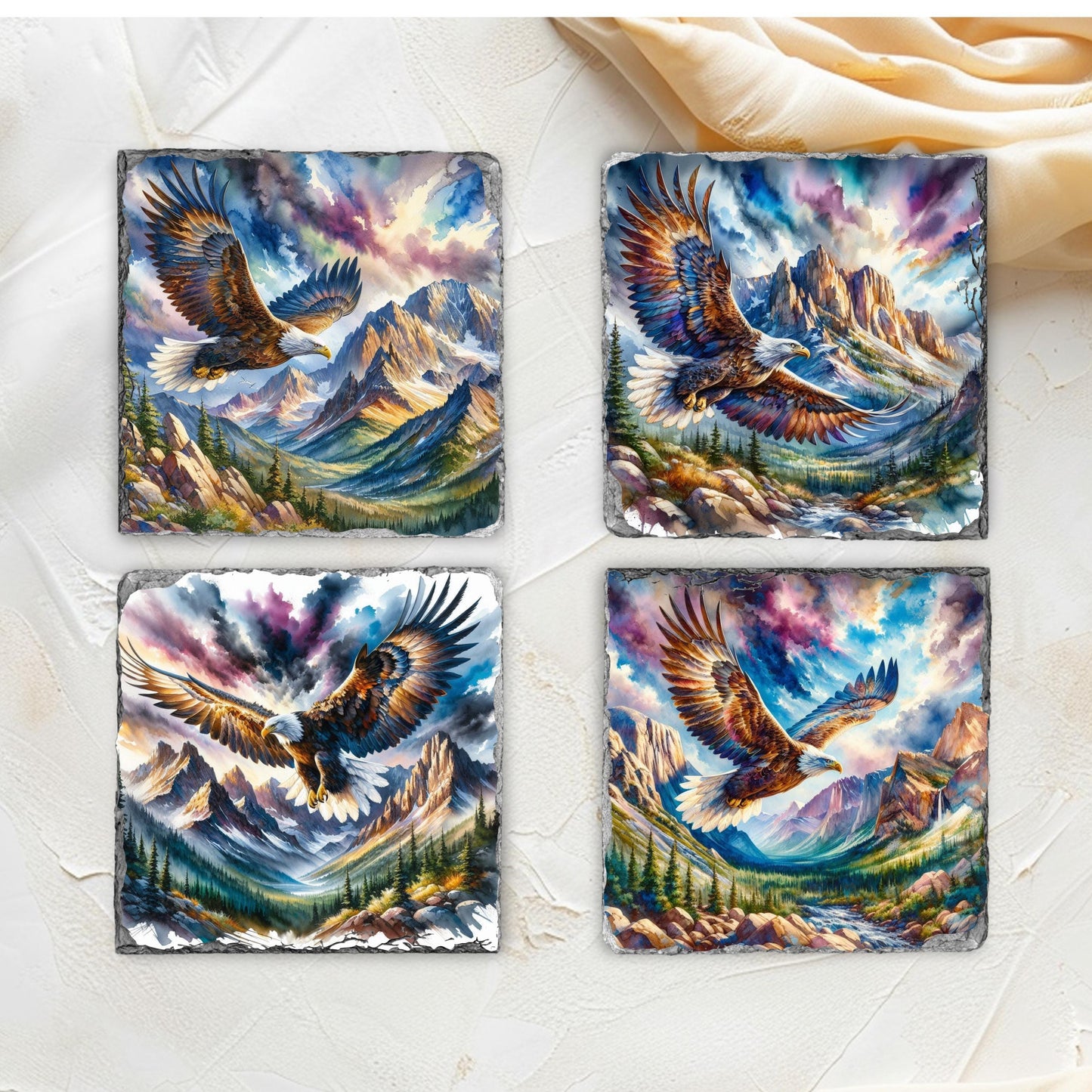 Eagle and Mountain Watercolor Slate Coaster Set with Fractured Edges Perfect Rustic Gift for Wilderness Enthusiasts
