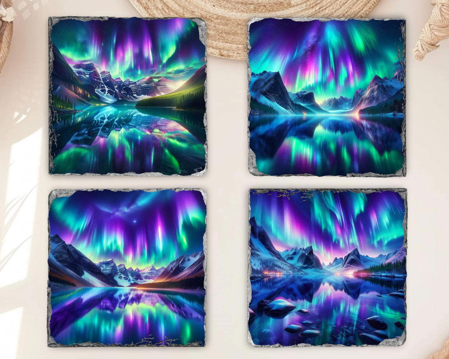 Northern Lights Slate Coaster Set with Rack - Rustic Mountain Lake Design Perfect for Holiday Gifting