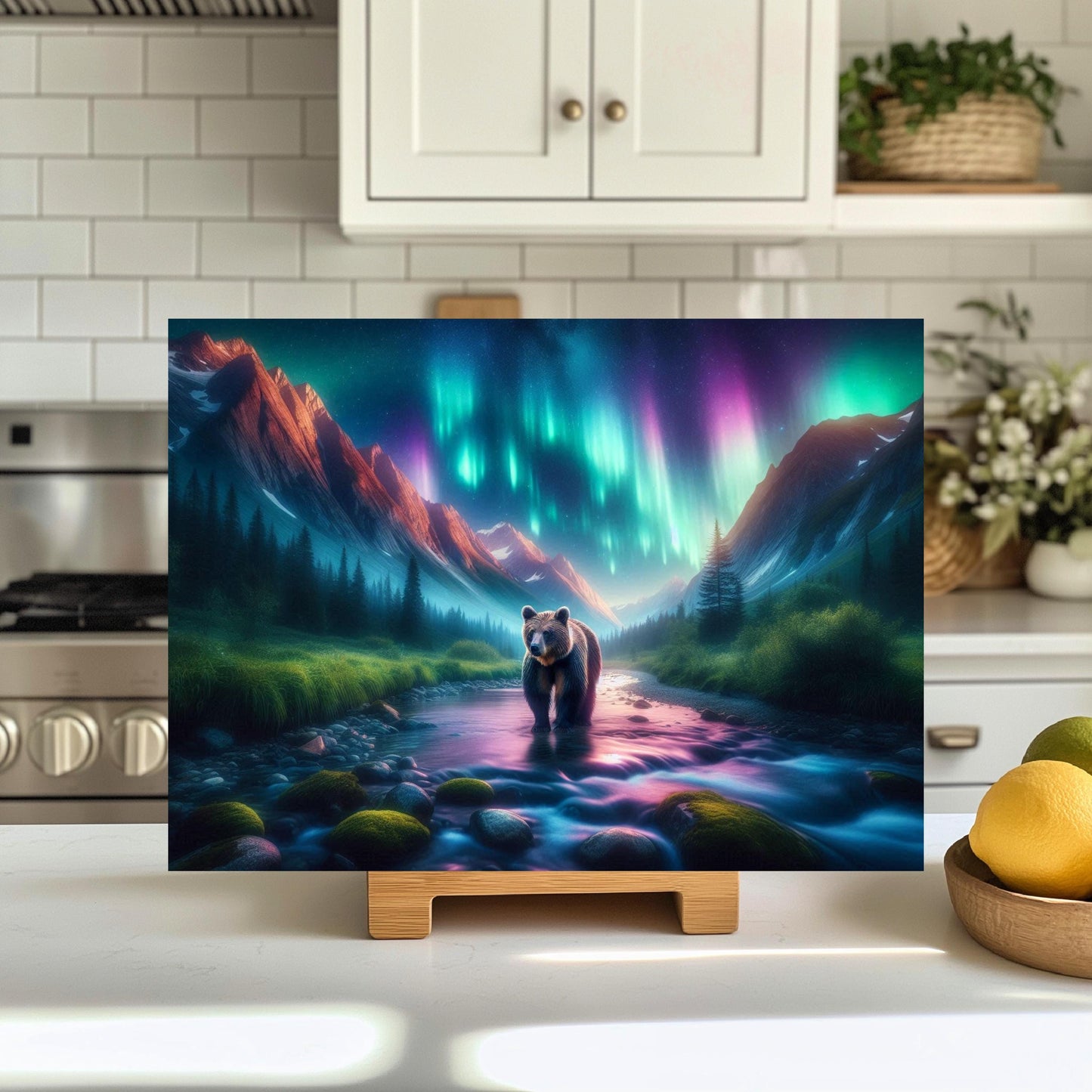 Vibrant Northern Lights Bear River Tempered Glass Cutting Board, Hostess Housewarming Gift, Bear Lover Gift, Kitchen Decor for Mom, New Home