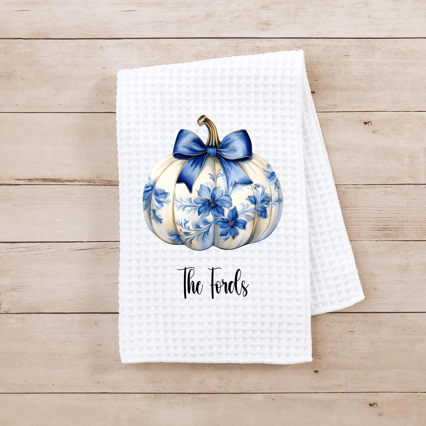 Custom Name Waffle Weave Towel, Chinoiserie Coquette Pumpkin & Blue Bow