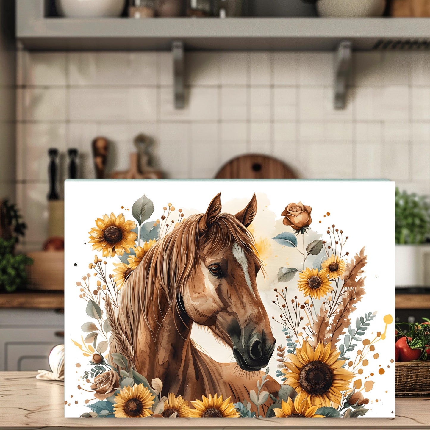 Horse and Sunflower Tempered Glass Cutting Board - Perfect Gift for Horse Lovers 11x15 Farmhouse Kitchen Decor