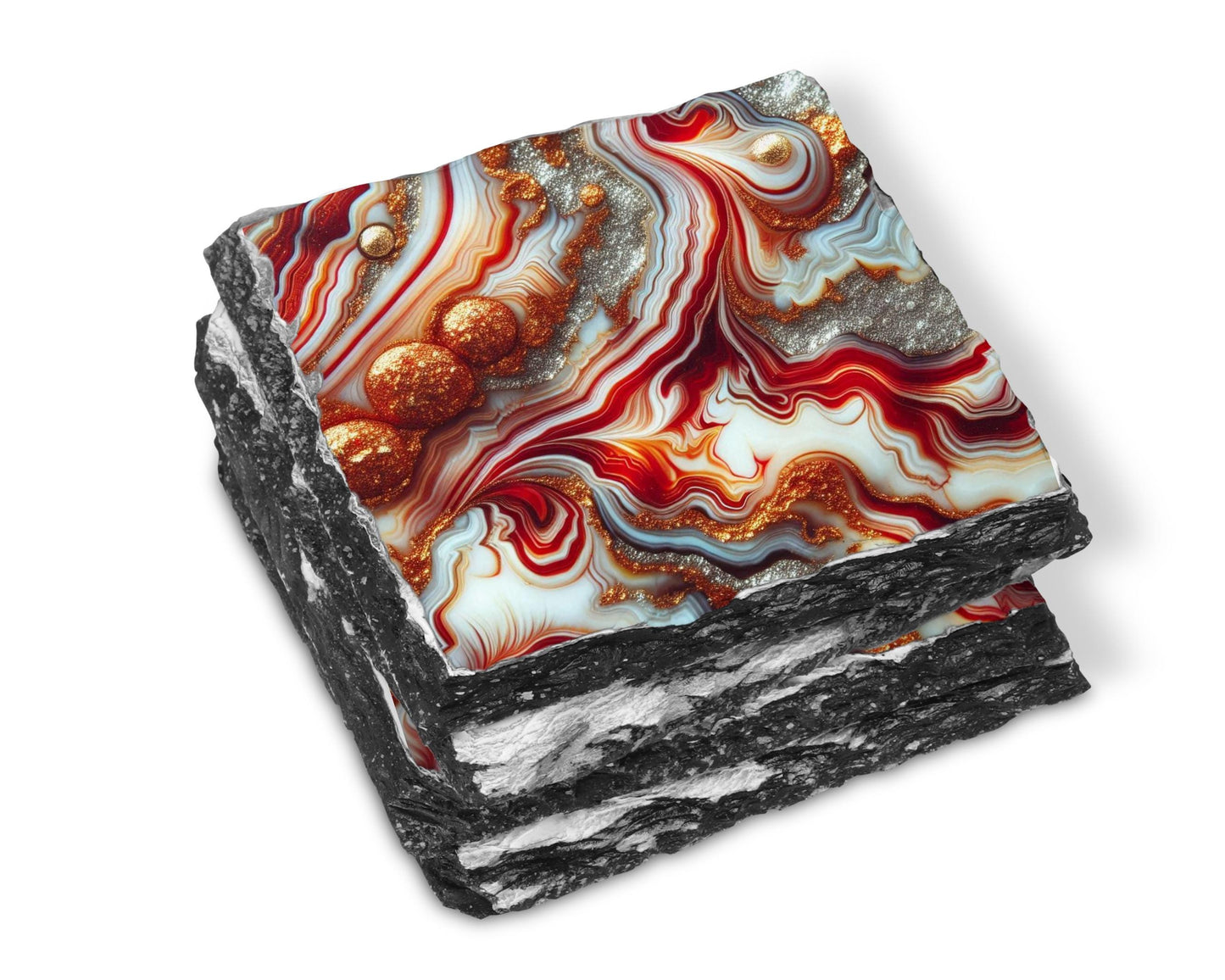 Fractured Edge Slate Coasters Set of 4 with Red Gold Glitter Agate - Unique Housewarming Gift for New Home Decor