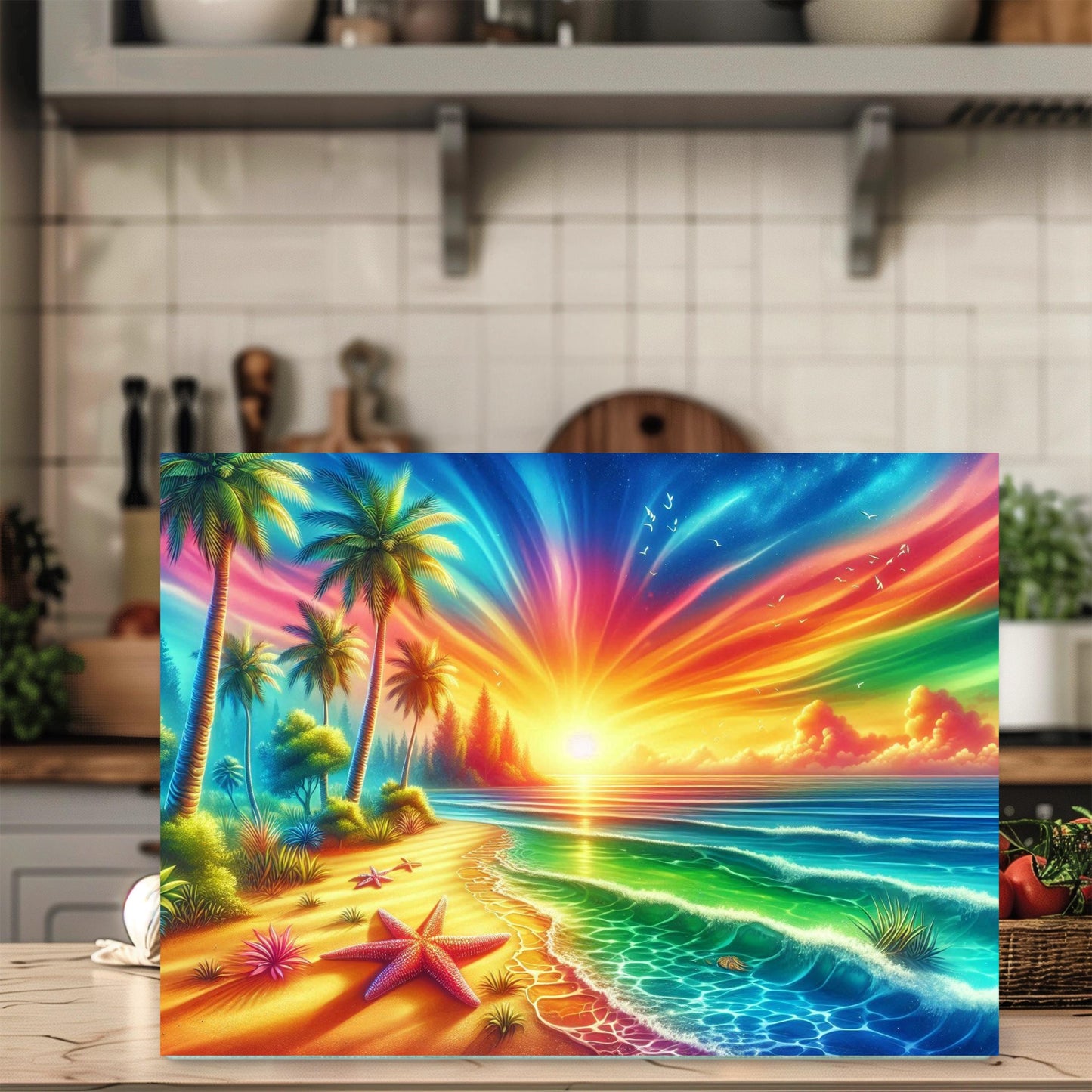 Tropical Sunset Glass Cutting Board with Starfish Design - Ideal Unique Hostess Gift