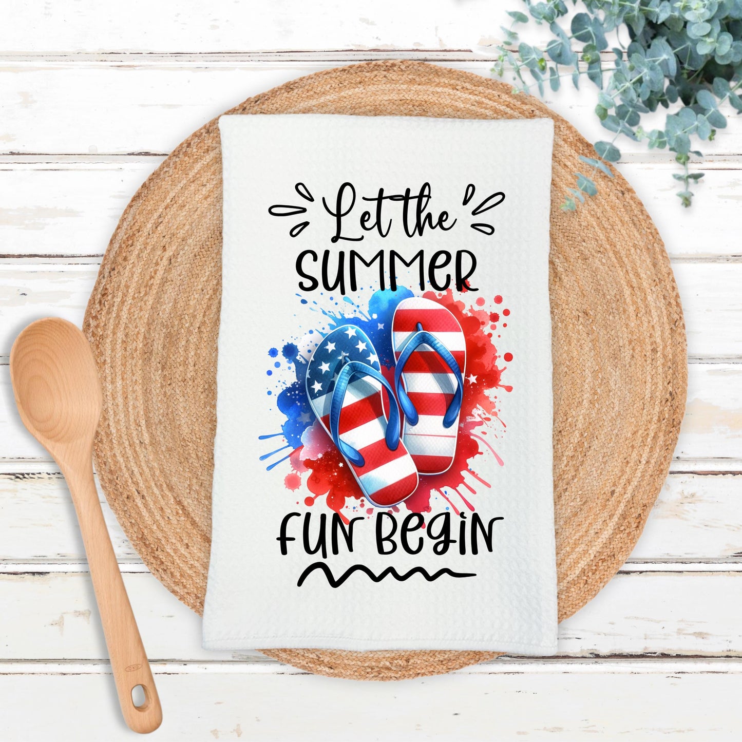 Patriotic Flip Flops Quote Waffle Weave Towel, Summer Fun Decor, Unique Hostess Gift