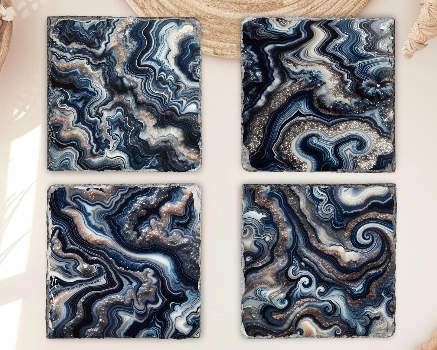 Navy Blue Silver Agate Pattern Slate Coasters - Set of 4 Ideal Housewarming Gift for Boho Home Decor