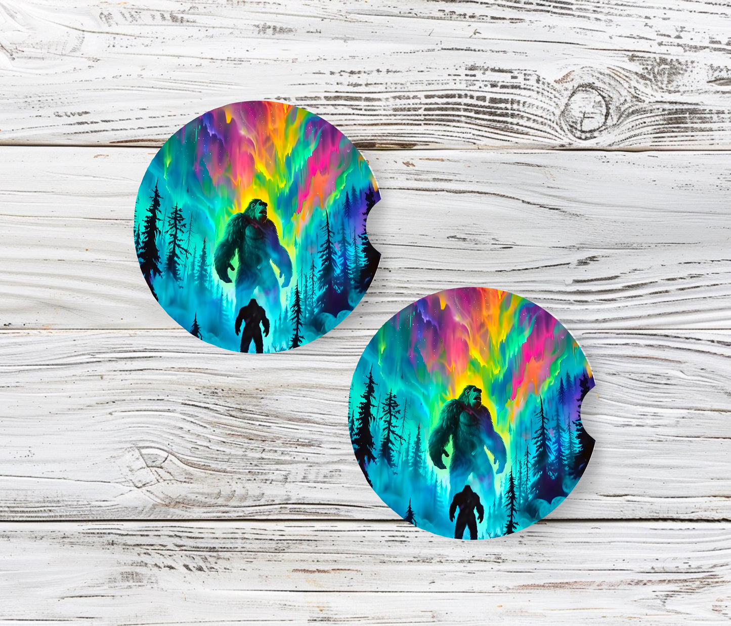 Unique Ceramic Car Coaster, Set of Two, Northern Lights Design, Bigfoot Gift Idea